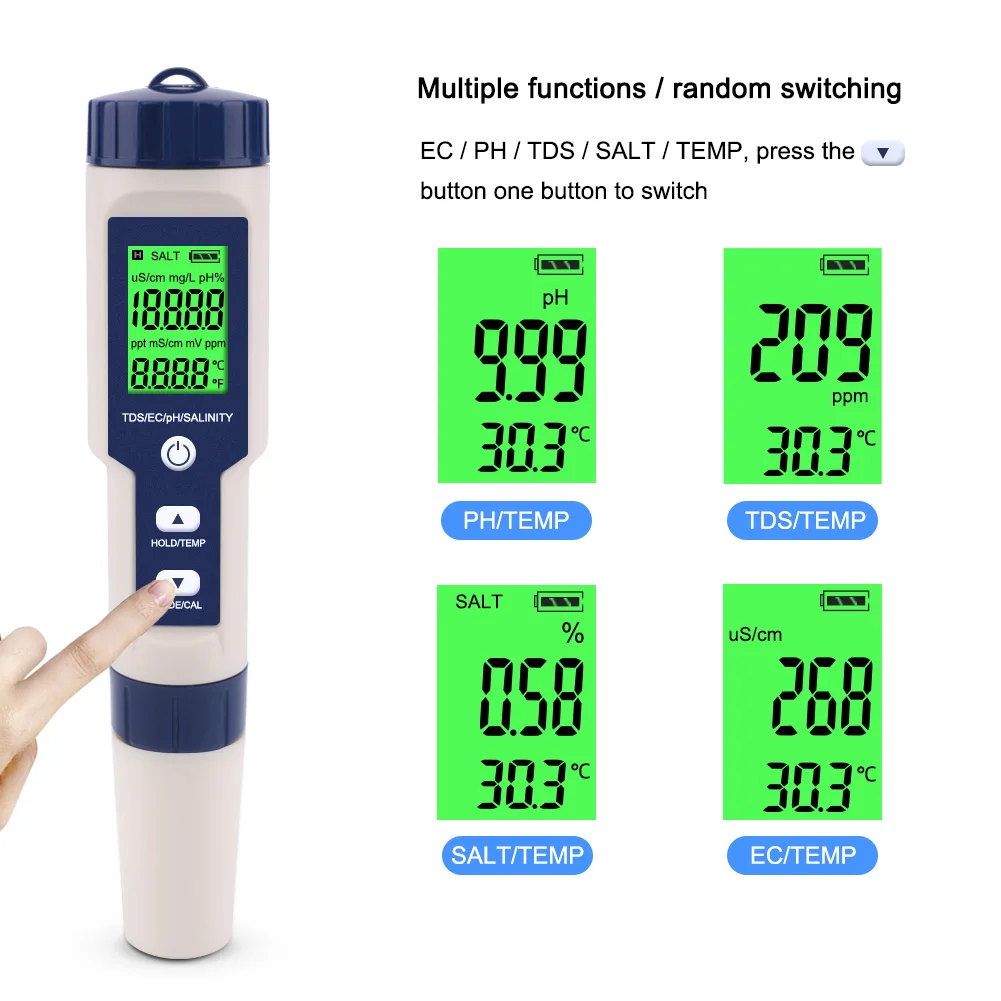 Medidor Digital Multifuncional de Qualidade da Água EZ-9909 – 5 em 1 (pH, TDS, CE, Salinidade e Temperatura) - Imagem 3